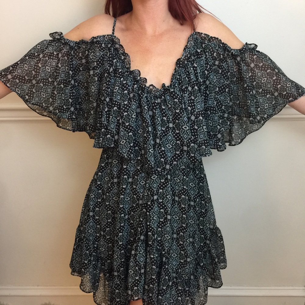 MISA Black Floral Cold Shoulder Ruffle Mini Dress - Picture 3 of 8